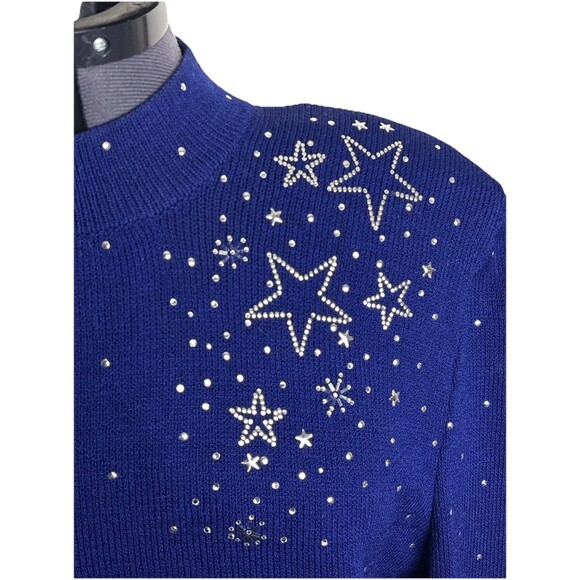 Vtg St John Evening Santana Knit Sweater Rhinestone Stars Large Blue USA - Picture 3 of 9